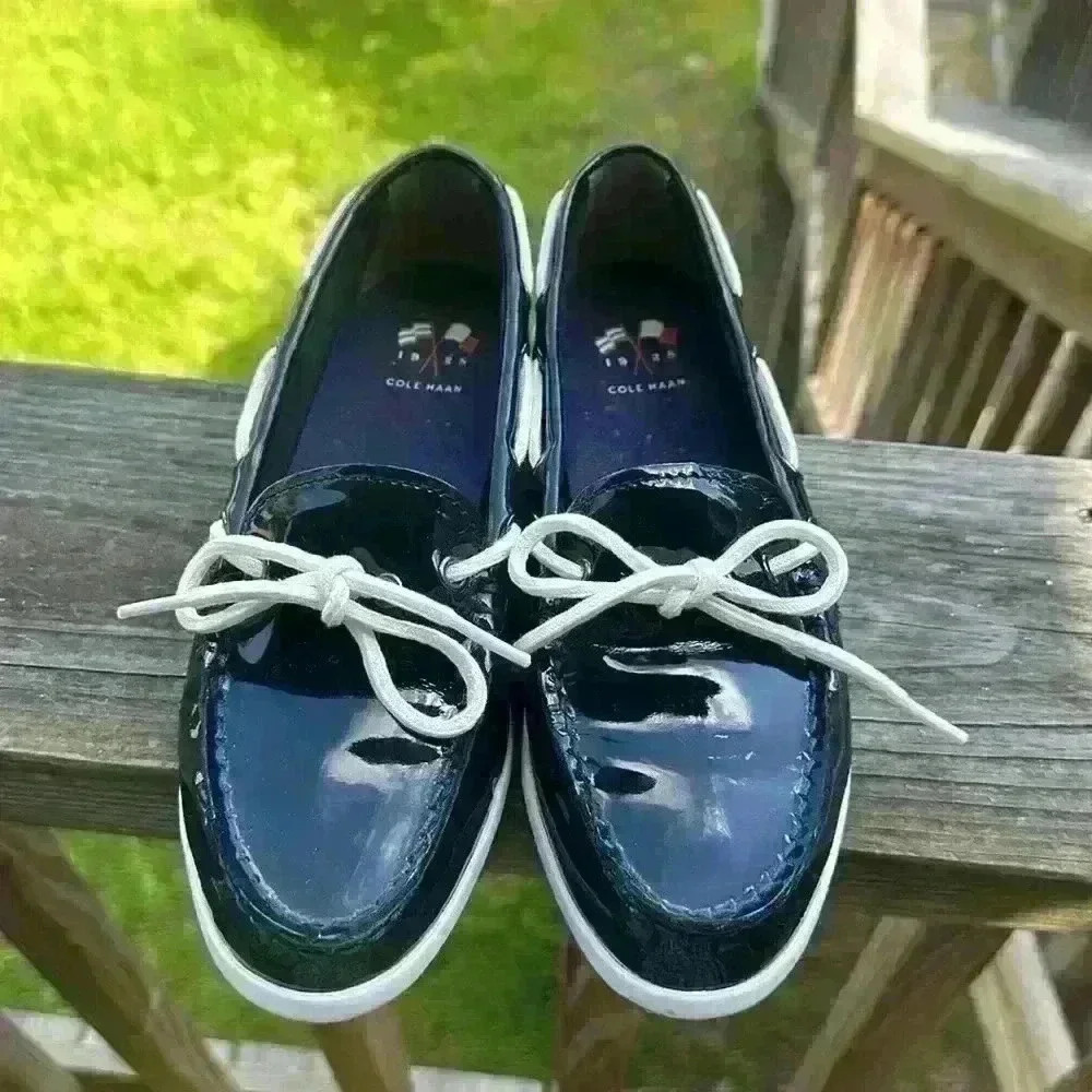 Cole Haan Nantucket Camp Moc Navy Blue Patent Leather Boat Shoes Women's Size 6B - Picture 6 of 13